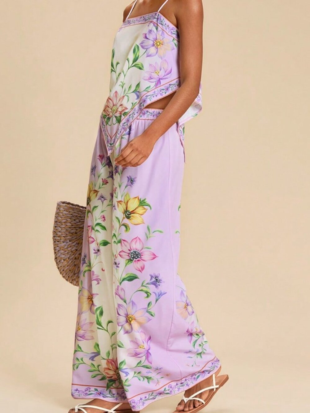 Purple Boho Western Women's Vacation Print Tank Top and Pants Set Beach